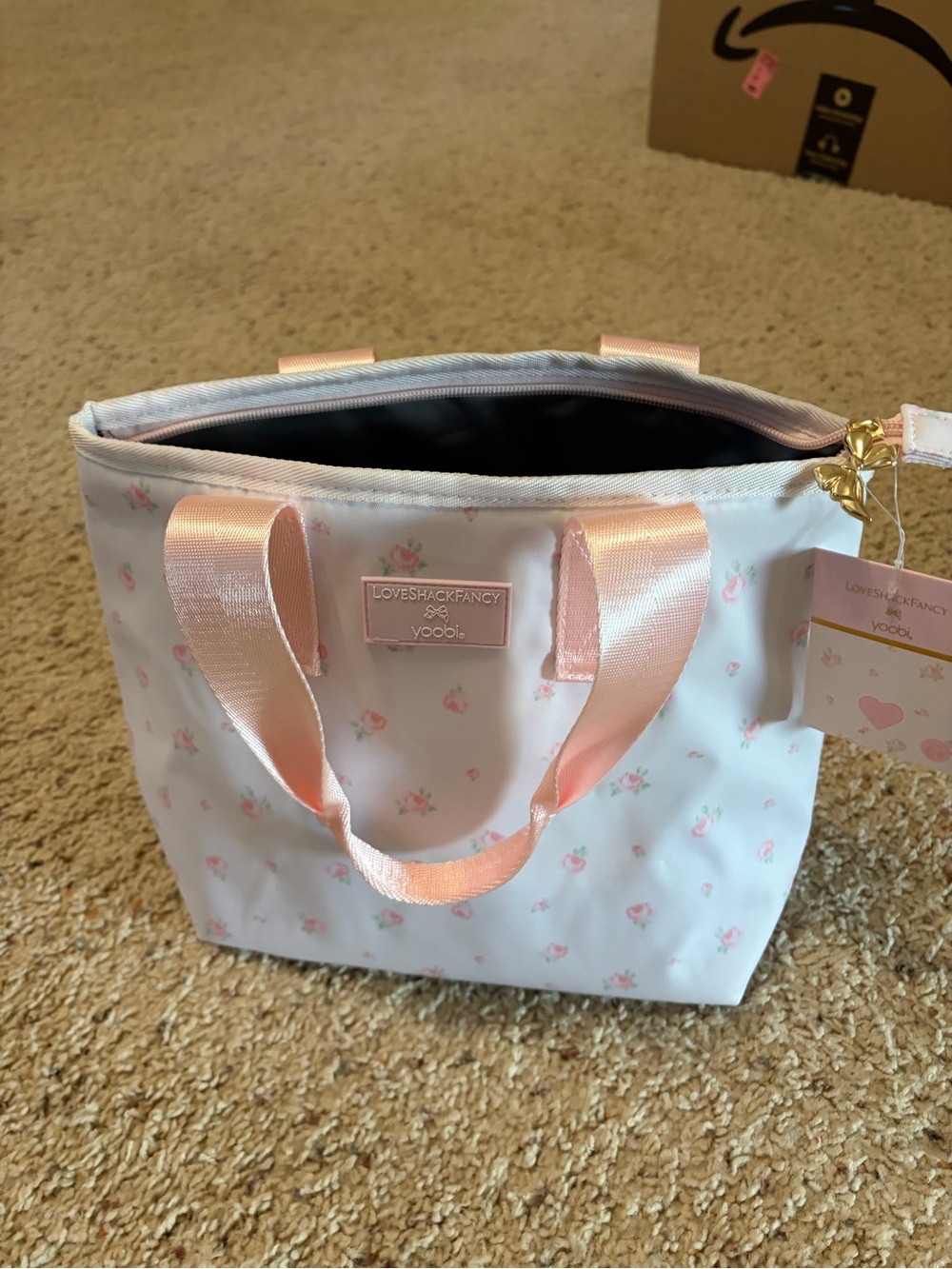 LoveShackFancy White lunch Tote with Pink Rose Print and Satin Pink Handles